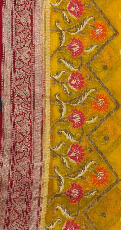 Faishana Pure Handloom Yellow Chiffon Stripe Zari Zig-Zag Booti Skirt Paithani Border with Contrast Red Floral Zari Border and Red Blouse&nbsp;