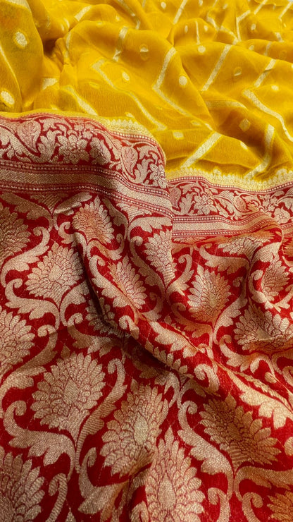 Faishana Pure Handloom Yellow Chiffon Stripe Zari Zig-Zag Booti Skirt Paithani Border with Contrast Red Floral Zari Border and Red Blouse&nbsp;
