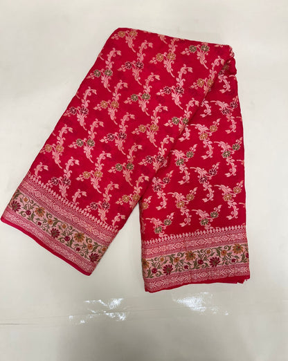 Faishana Pure Handloom Red Chiffon Alfi Mina Zari Jaal Minakari Zari Border and Floral Big Boota Mina Pallu Saree with Red Blouse