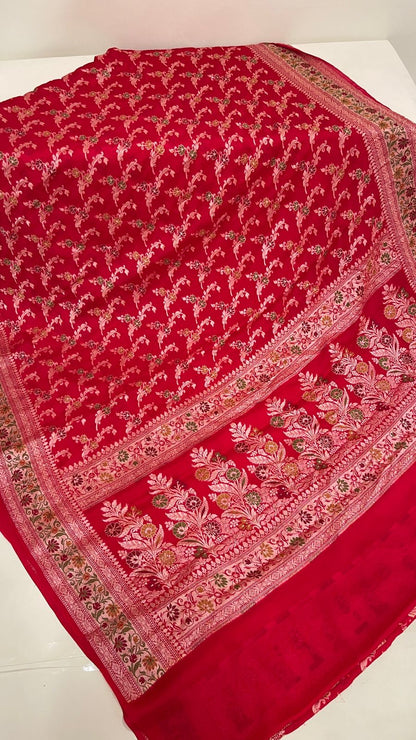 Faishana Pure Handloom Red Chiffon Alfi Mina Zari Jaal Minakari Zari Border and Floral Big Boota Mina Pallu Saree with Red Blouse
