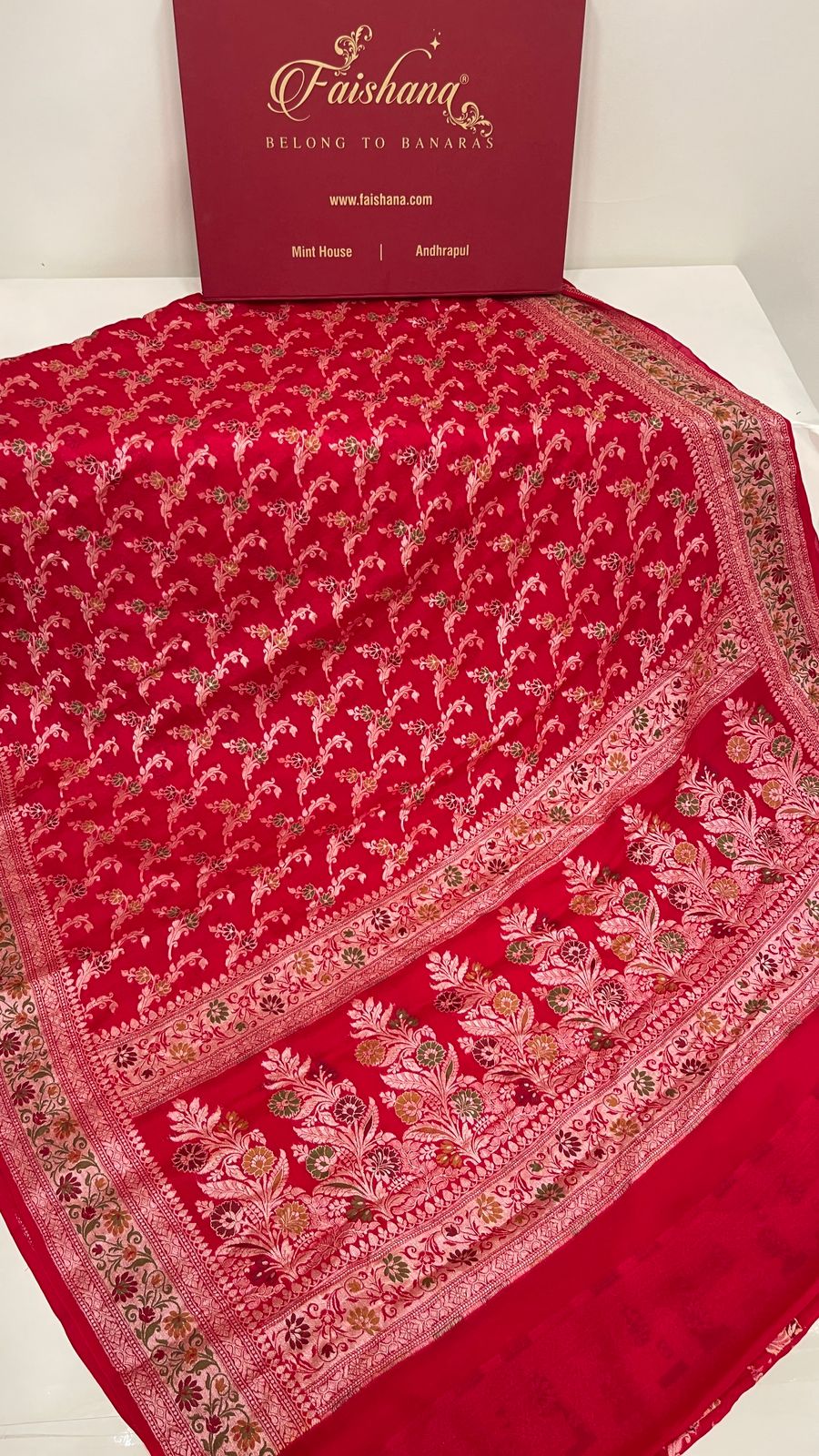 Faishana Pure Handloom Red Chiffon Alfi Mina Zari Jaal Minakari Zari Border and Floral Big Boota Mina Pallu Saree with Red Blouse
