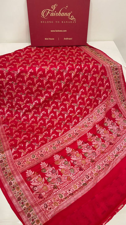 Faishana Pure Handloom Red Chiffon Alfi Mina Zari Jaal Minakari Zari Border and Floral Big Boota Mina Pallu Saree with Red Blouse