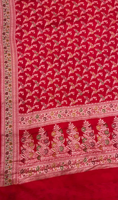 Faishana Pure Handloom Red Chiffon Alfi Mina Zari Jaal Minakari Zari Border and Floral Big Boota Mina Pallu Saree with Red Blouse