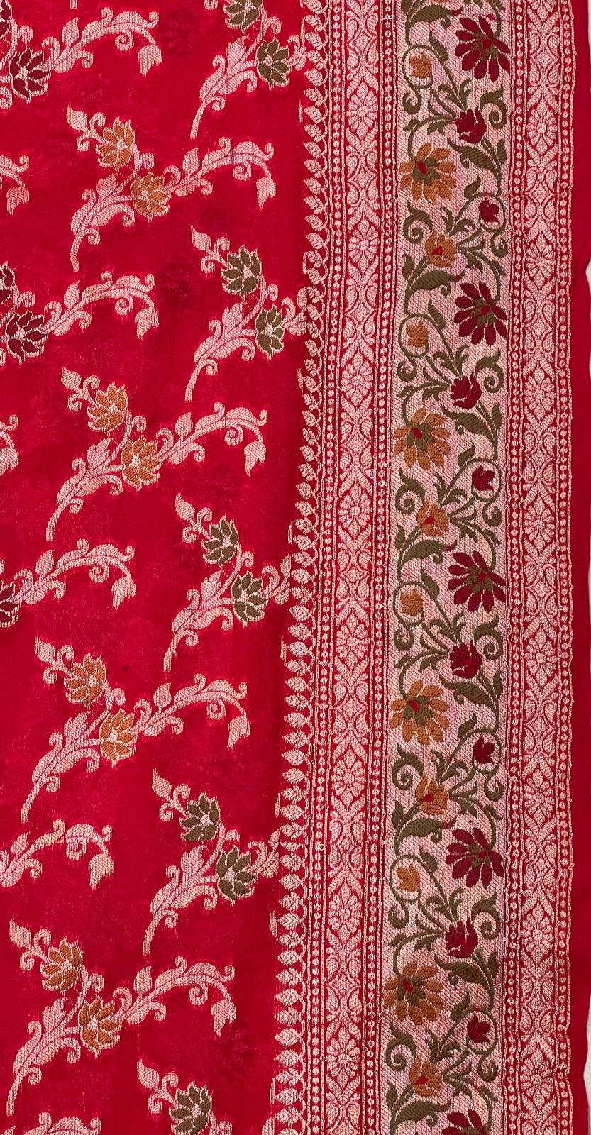 Faishana Pure Handloom Red Chiffon Alfi Mina Zari Jaal Minakari Zari Border and Floral Big Boota Mina Pallu Saree with Red Blouse