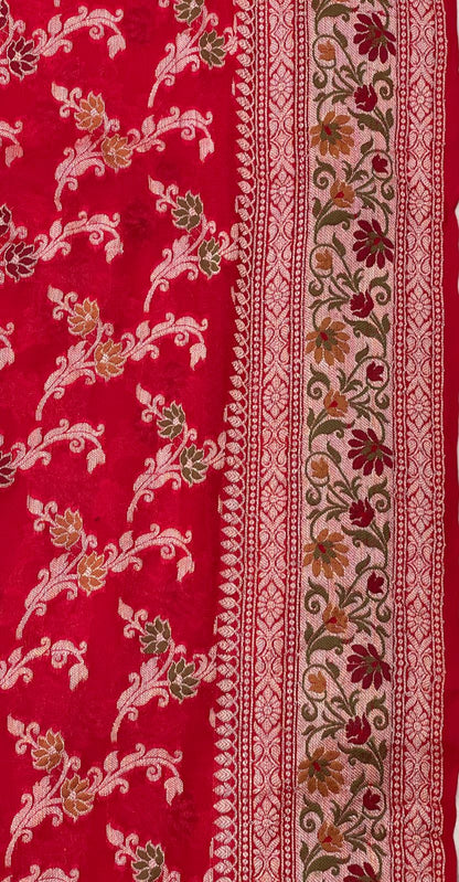 Faishana Pure Handloom Red Chiffon Alfi Mina Zari Jaal Minakari Zari Border and Floral Big Boota Mina Pallu Saree with Red Blouse