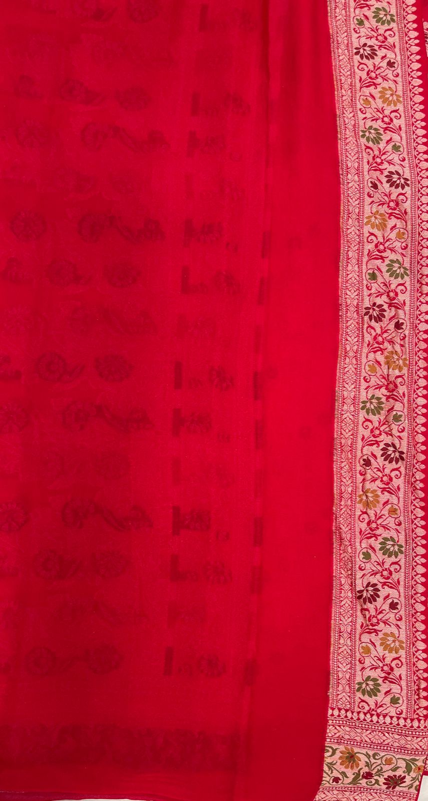Faishana Pure Handloom Red Chiffon Alfi Mina Zari Jaal Minakari Zari Border and Floral Big Boota Mina Pallu Saree with Red Blouse