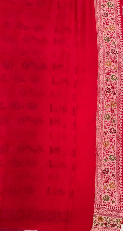 Faishana Pure Handloom Red Chiffon Alfi Mina Zari Jaal Minakari Zari Border and Floral Big Boota Mina Pallu Saree with Red Blouse