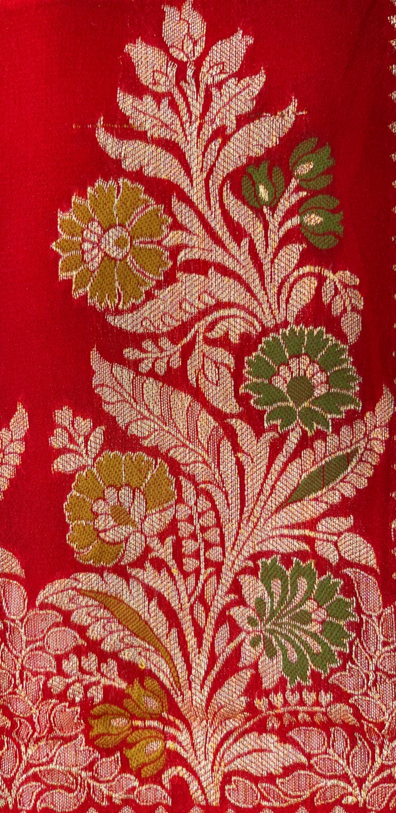 Faishana Pure Handloom Red Chiffon Alfi Mina Zari Jaal Minakari Zari Border and Floral Big Boota Mina Pallu Saree with Red Blouse