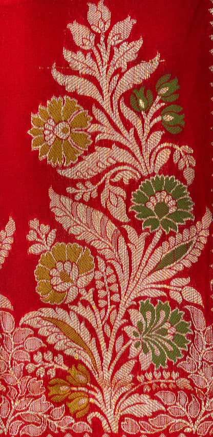Faishana Pure Handloom Red Chiffon Alfi Mina Zari Jaal Minakari Zari Border and Floral Big Boota Mina Pallu Saree with Red Blouse