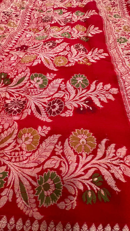 Faishana Pure Handloom Red Chiffon Alfi Mina Zari Jaal Minakari Zari Border and Floral Big Boota Mina Pallu Saree with Red Blouse