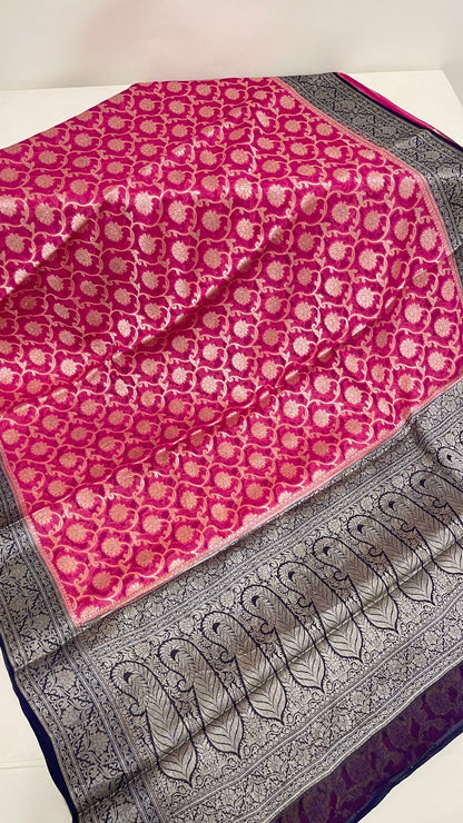Faishana Pure Handloom Pink Chiffon Floral Zari Jaal with Contrast Navy Blue Paisley Pallu and Navy Blue Blouse