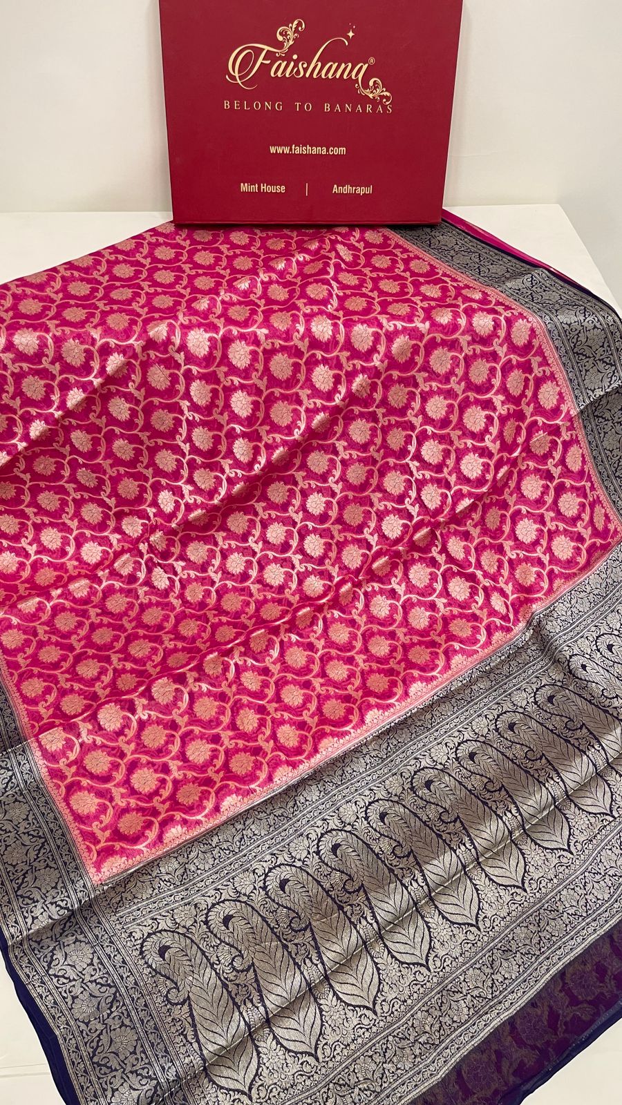 Faishana Pure Handloom Pink Chiffon Floral Zari Jaal with Contrast Navy Blue Paisley Pallu and Navy Blue Blouse