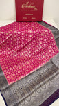 Faishana Pure Handloom Pink Chiffon Floral Zari Jaal with Contrast Navy Blue Paisley Pallu and Navy Blue Blouse