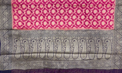Faishana Pure Handloom Pink Chiffon Floral Zari Jaal with Contrast Navy Blue Paisley Pallu and Navy Blue Blouse