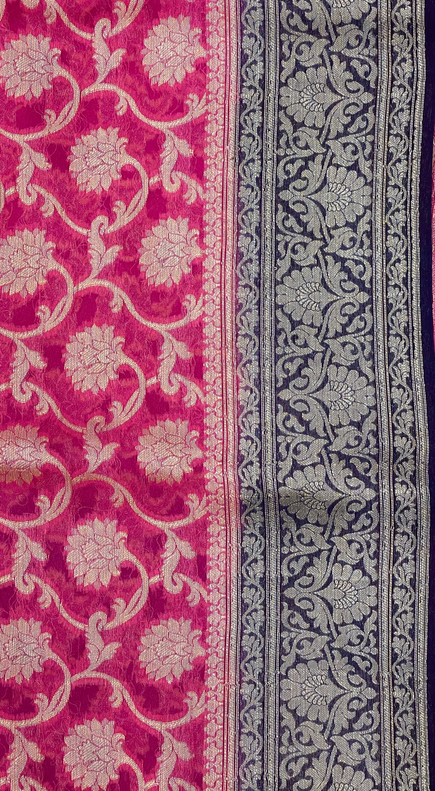Faishana Pure Handloom Pink Chiffon Floral Zari Jaal with Contrast Navy Blue Paisley Pallu and Navy Blue Blouse