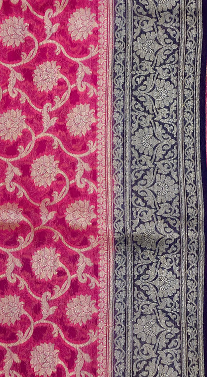 Faishana Pure Handloom Pink Chiffon Floral Zari Jaal with Contrast Navy Blue Paisley Pallu and Navy Blue Blouse