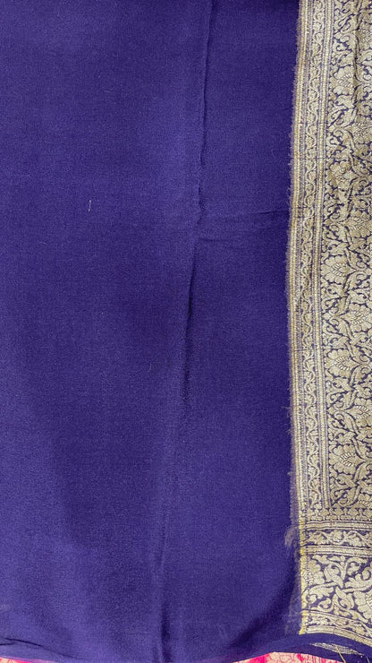 Faishana Pure Handloom Pink Chiffon Floral Zari Jaal with Contrast Navy Blue Paisley Pallu and Navy Blue Blouse