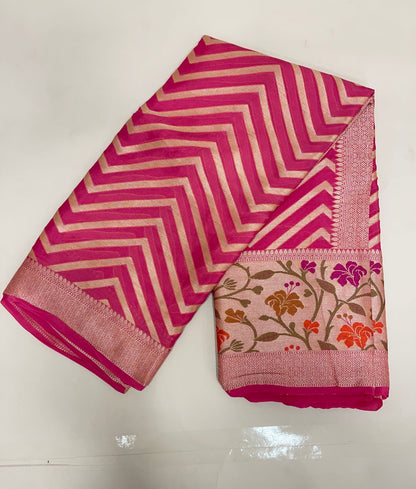 Faishana Pure Handloom Pink Chiffon Resham Zari Zig-Zag with Tilfi Mina Jaal Skirt Zari Border with Pink Blouse&nbsp;
