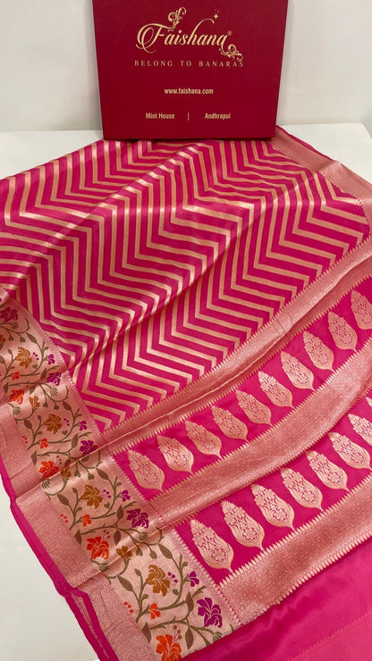 Faishana Pure Handloom Pink Chiffon Resham Zari Zig-Zag with Tilfi Mina Jaal Skirt Zari Border with Pink Blouse&nbsp;