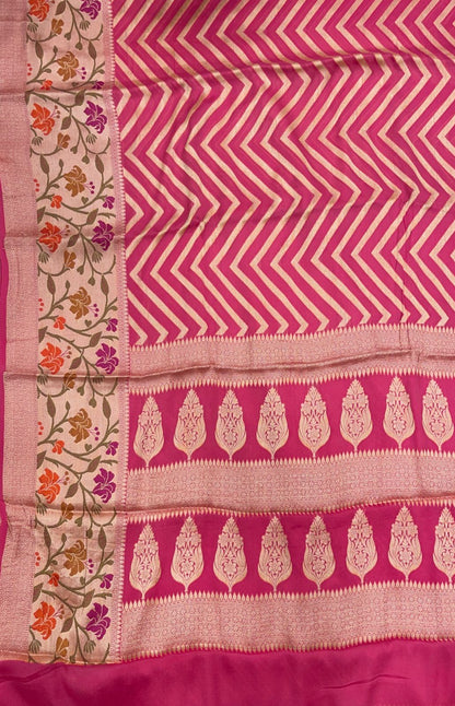 Faishana Pure Handloom Pink Chiffon Resham Zari Zig-Zag with Tilfi Mina Jaal Skirt Zari Border with Pink Blouse&nbsp;