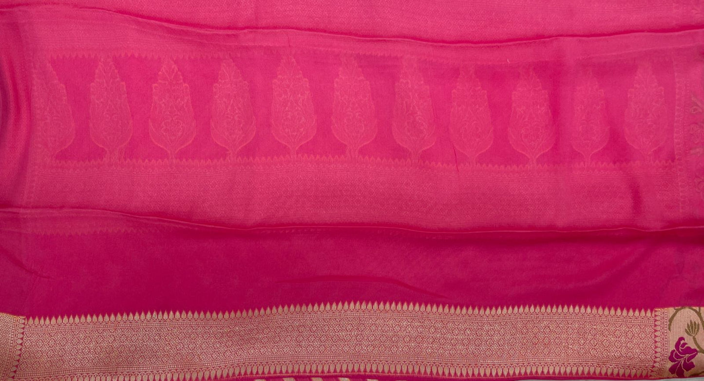 Faishana Pure Handloom Pink Chiffon Resham Zari Zig-Zag with Tilfi Mina Jaal Skirt Zari Border with Pink Blouse&nbsp;