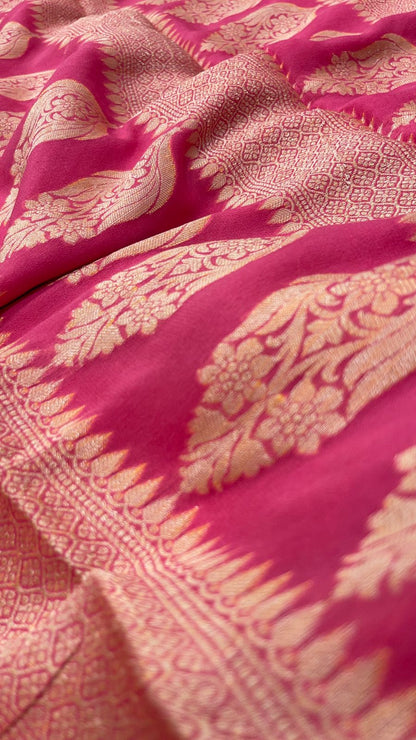 Faishana Pure Handloom Pink Chiffon Resham Zari Zig-Zag with Tilfi Mina Jaal Skirt Zari Border with Pink Blouse&nbsp;