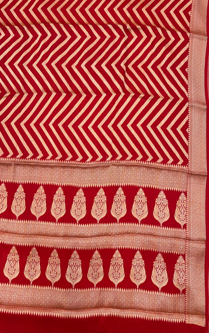 Faishana Presents Pure Handloom Red Chiffon Resham Zari Zig-Zag with Paithani Skirt Zari Border with Red Blouse