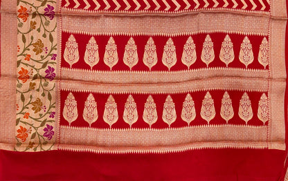 Faishana Presents Pure Handloom Red Chiffon Resham Zari Zig-Zag with Paithani Skirt Zari Border with Red Blouse