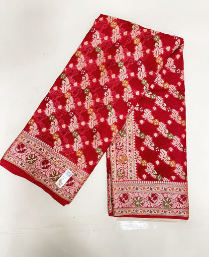 Faishana Pure Handloom Maroon Chiffon Resham Zari Floral Diagonal Stripe with Minakari Zari Boota Anchal and Minakari Border with Maroon Blouse
