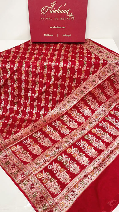 Faishana Pure Handloom Maroon Chiffon Resham Zari Floral Diagonal Stripe with Minakari Zari Boota Anchal and Minakari Border with Maroon Blouse