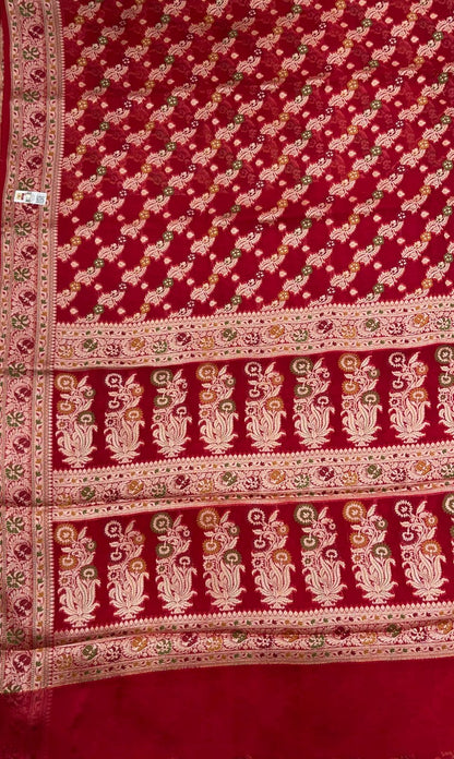 Faishana Pure Handloom Maroon Chiffon Resham Zari Floral Diagonal Stripe with Minakari Zari Boota Anchal and Minakari Border with Maroon Blouse