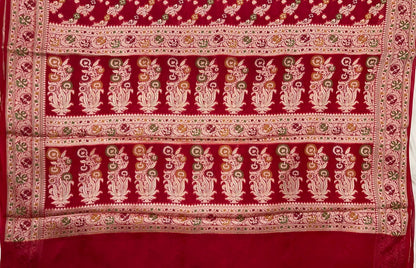 Faishana Pure Handloom Maroon Chiffon Resham Zari Floral Diagonal Stripe with Minakari Zari Boota Anchal and Minakari Border with Maroon Blouse