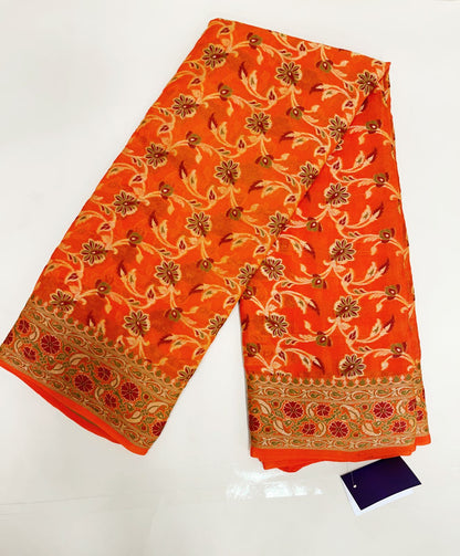 Faishana Pure Handloom Orange Chiffon Resham Zari Tilfi Mina Jaal with Minakari Paisley Zari Anchal and Minakari Border with Orange Blouse