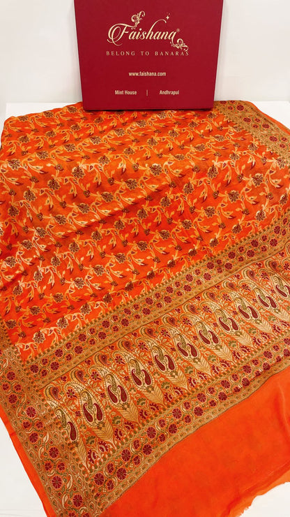 Faishana Pure Handloom Orange Chiffon Resham Zari Tilfi Mina Jaal with Minakari Paisley Zari Anchal and Minakari Border with Orange Blouse