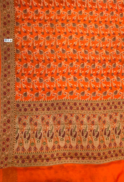 Faishana Pure Handloom Orange Chiffon Resham Zari Tilfi Mina Jaal with Minakari Paisley Zari Anchal and Minakari Border with Orange Blouse