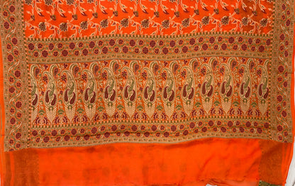Faishana Pure Handloom Orange Chiffon Resham Zari Tilfi Mina Jaal with Minakari Paisley Zari Anchal and Minakari Border with Orange Blouse