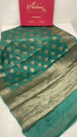 Faishana Pure Handloom Dark Green Chiffon Floral Mina Copper Zari Booti with Paisley Mina Zari Border with Dark Green Blouse&nbsp;