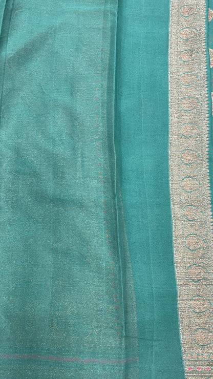 Faishana Pure Handloom Dark Green Chiffon Floral Mina Copper Zari Booti with Paisley Mina Zari Border with Dark Green Blouse&nbsp;
