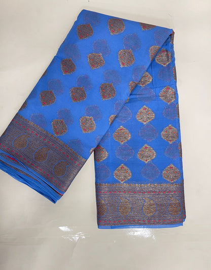 Faishana Pure Handloom Blue Chiffon Floral Mina Copper Zari Booti with Paisley Mina Zari Border with Blue Blouse&nbsp;