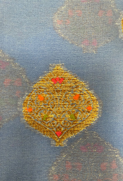 Faishana Pure Handloom Blue Chiffon Floral Mina Copper Zari Booti with Paisley Mina Zari Border with Blue Blouse&nbsp;