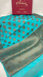 Faishana Pure Handloom Sea Green Chiffon Floral Mina Copper Zari Booti with Paisley Mina Zari Border with Sea Green Blouse&nbsp;