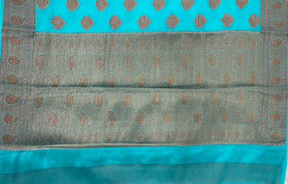 Faishana Pure Handloom Sea Green Chiffon Floral Mina Copper Zari Booti with Paisley Mina Zari Border with Sea Green Blouse&nbsp;