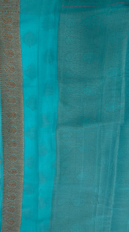 Faishana Pure Handloom Sea Green Chiffon Floral Mina Copper Zari Booti with Paisley Mina Zari Border with Sea Green Blouse&nbsp;