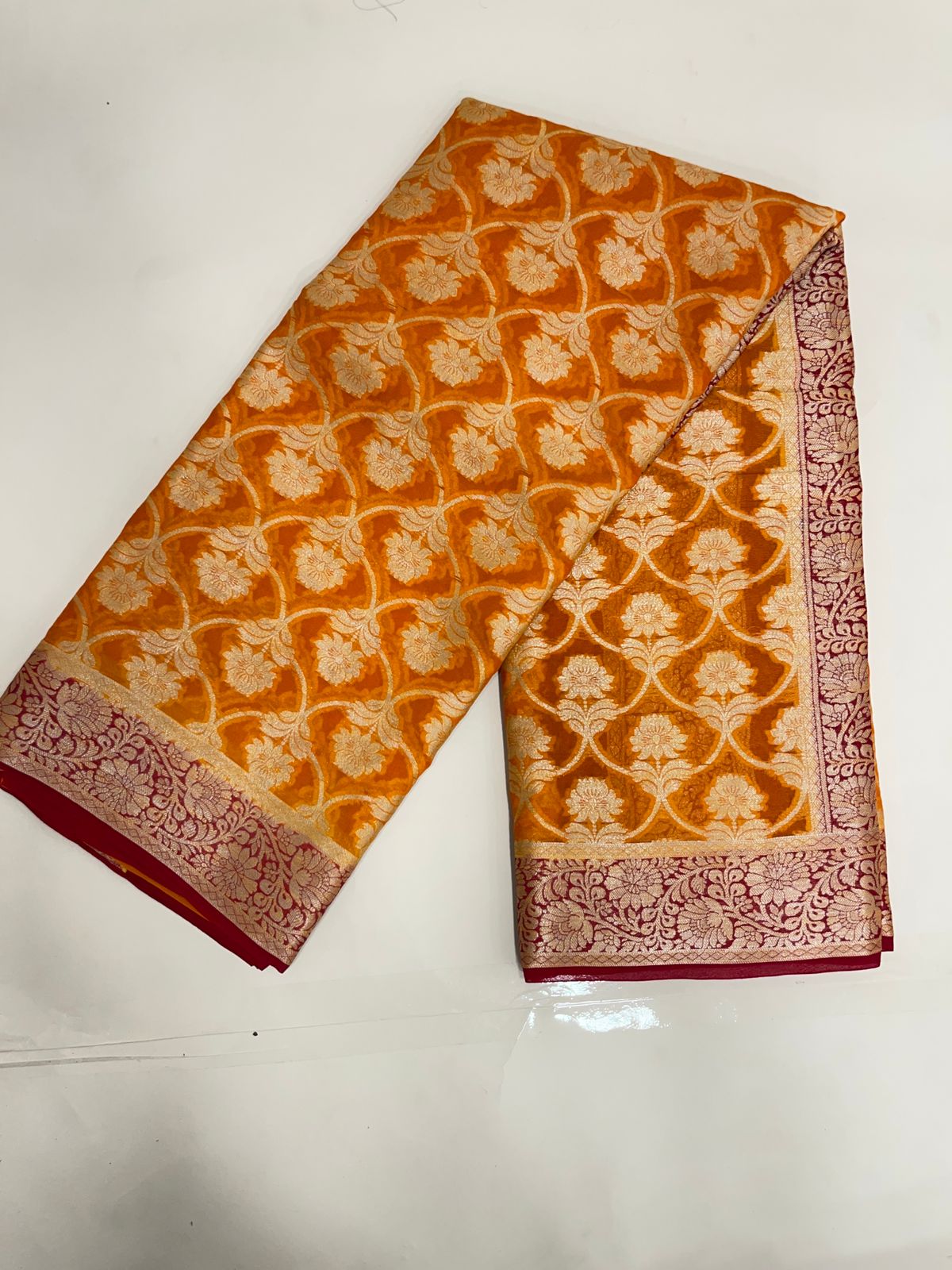 Faishana Pure Handloom Gold Chiffon Golden Zari Floral Booti Jaal with Contrast Maroon Zari Booti Anchal and Zari Border with Maroon Blouse