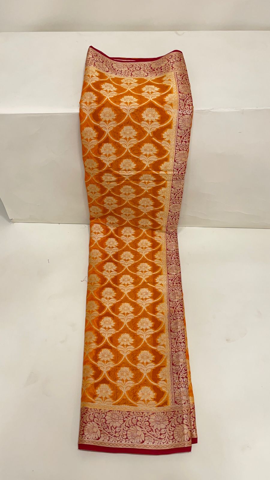 Faishana Pure Handloom Gold Chiffon Golden Zari Floral Booti Jaal with Contrast Maroon Zari Booti Anchal and Zari Border with Maroon Blouse