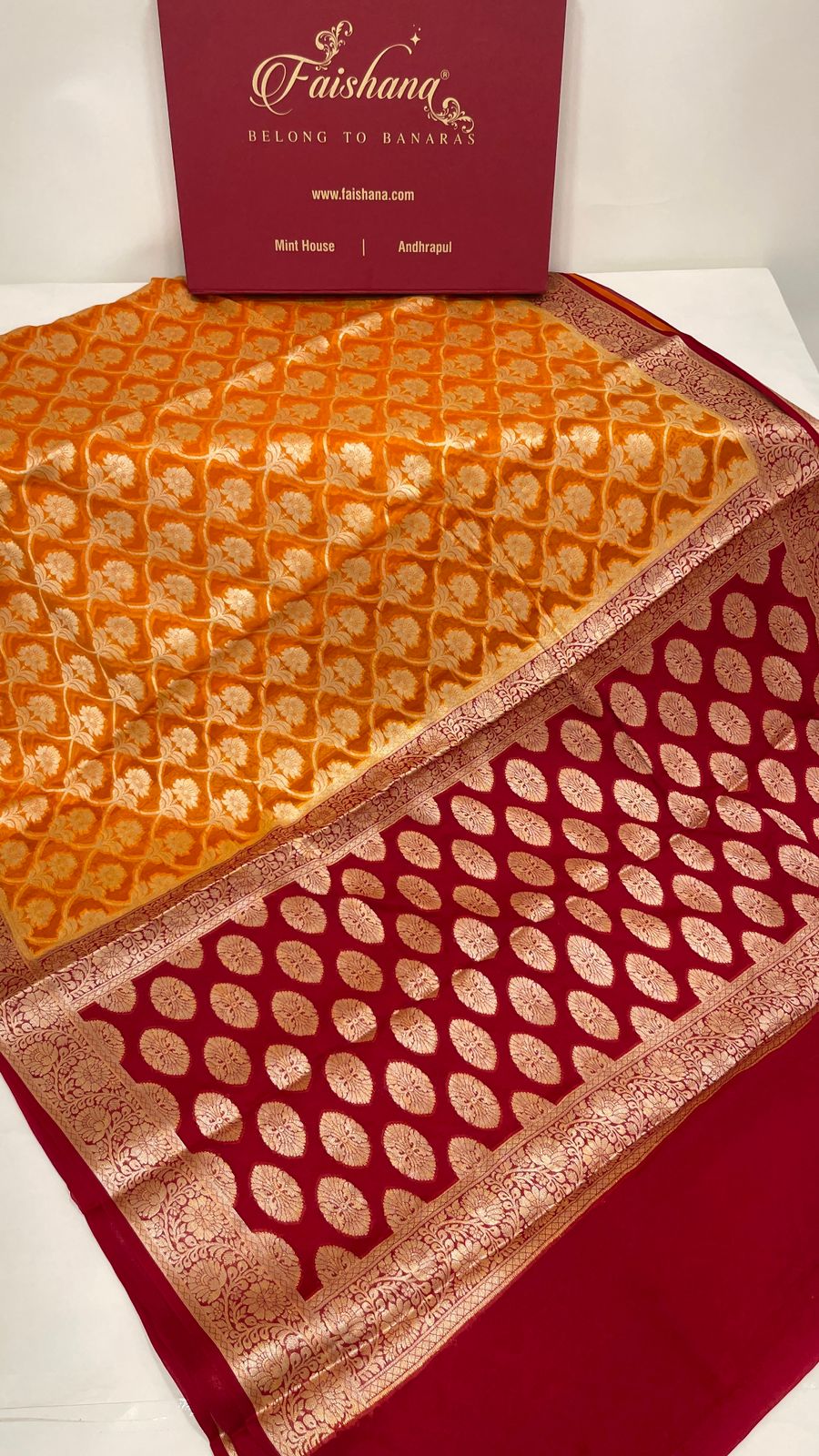 Faishana Pure Handloom Gold Chiffon Golden Zari Floral Booti Jaal with Contrast Maroon Zari Booti Anchal and Zari Border with Maroon Blouse