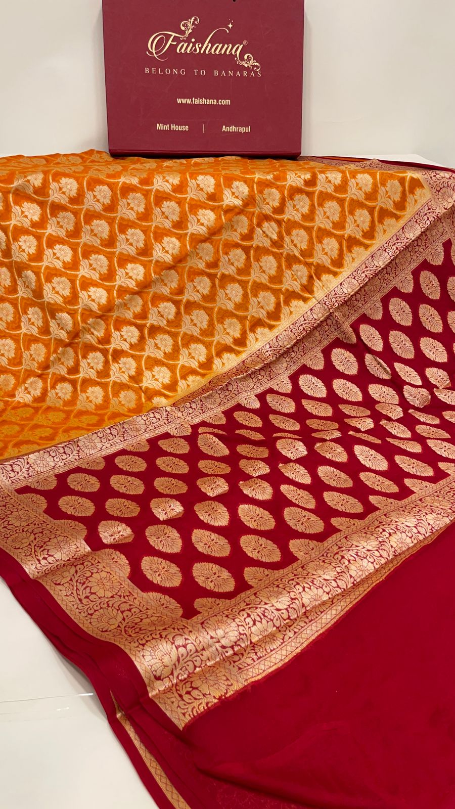 Faishana Pure Handloom Gold Chiffon Golden Zari Floral Booti Jaal with Contrast Maroon Zari Booti Anchal and Zari Border with Maroon Blouse