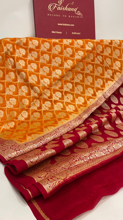 Faishana Pure Handloom Gold Chiffon Golden Zari Floral Booti Jaal with Contrast Maroon Zari Booti Anchal and Zari Border with Maroon Blouse