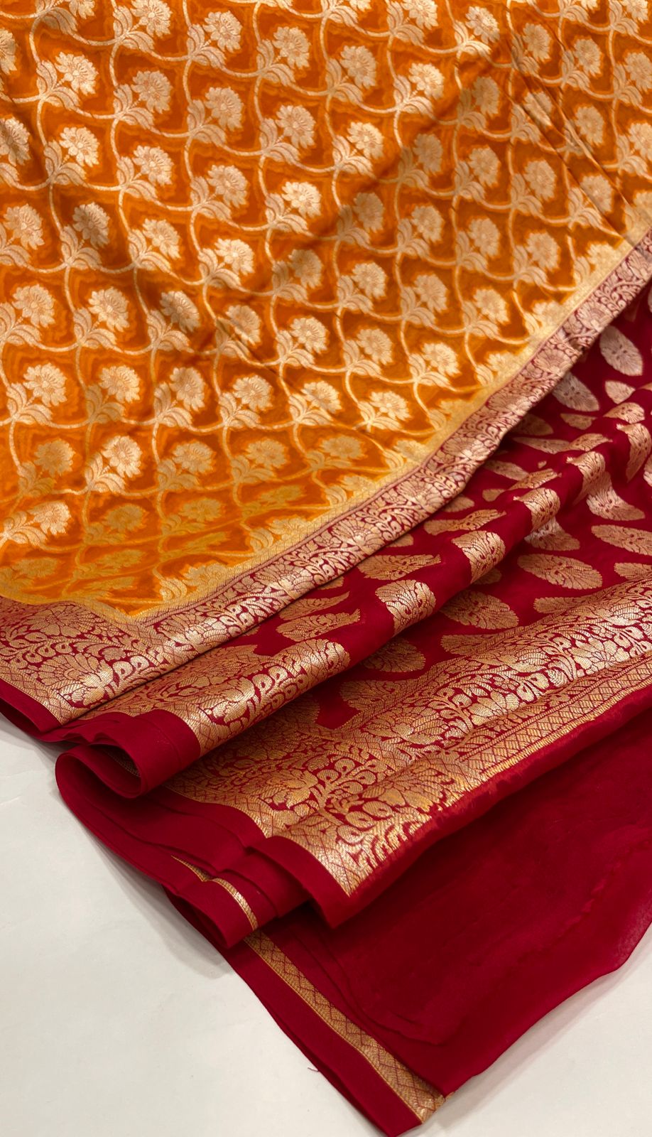 Faishana Pure Handloom Gold Chiffon Golden Zari Floral Booti Jaal with Contrast Maroon Zari Booti Anchal and Zari Border with Maroon Blouse