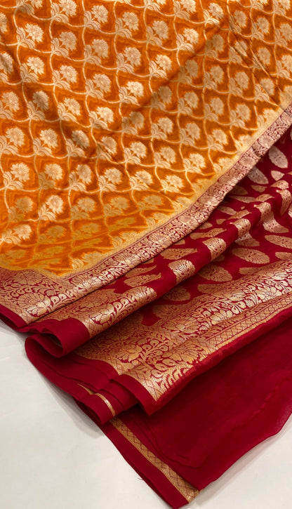 Faishana Pure Handloom Gold Chiffon Golden Zari Floral Booti Jaal with Contrast Maroon Zari Booti Anchal and Zari Border with Maroon Blouse